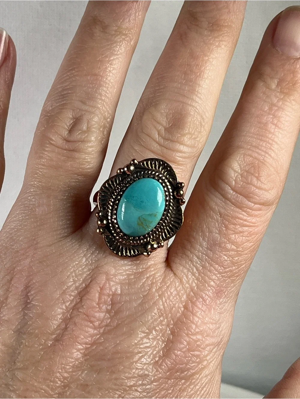 Solid Copper Kingman Turquoise Gemstone Ring Size 7.75 Adjustable